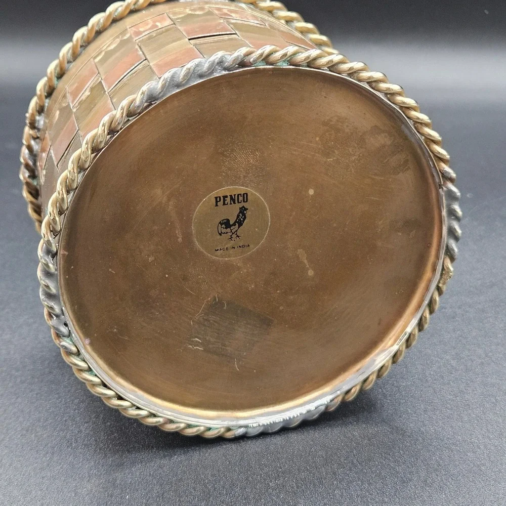 Vintage Penco Brass and Copper Woven Basket Twisted Handle Made in India 6in